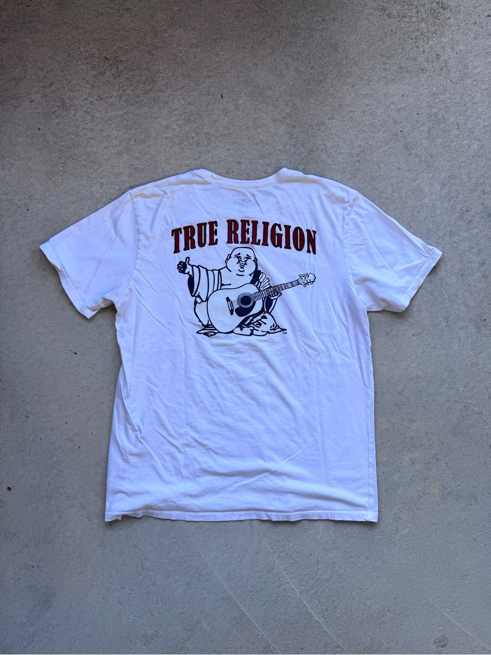 True Religion White Short Sleeve Tee with Red Logo and Navy Guitar Buddha